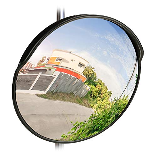 Traffic mirror designed for professional use measuring 60 cm with weatherproof and shatterproof features suitable for indoor and outdoor installation includes a holder and comes in black color with dimensions of 60 x 60 x 25 cm