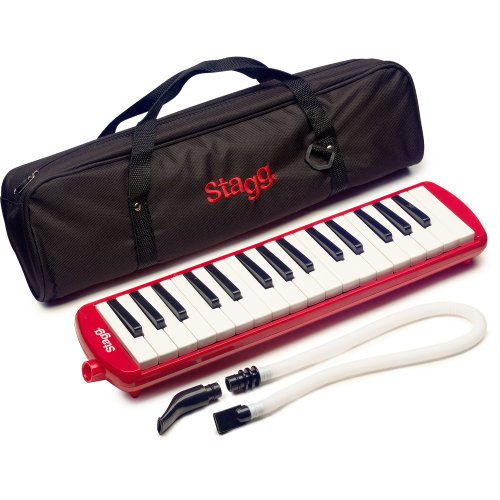 Red Stagg Melodica with 32 keys, lightweight and portable design, includes mouthpiece, flexible tube, and soft case for easy carry and storage. Dimensions: 19.29 x 19.29 x 19.29 inches; weight: 1.1 pounds; suitable for beginners.