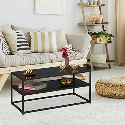 Relaxdays - Black Glass Coffee Table With 2 Shelves For Living Room