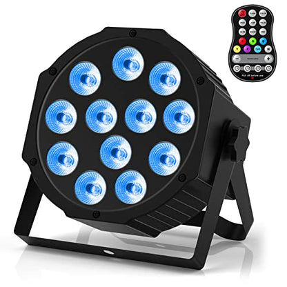 Rechargeable black LED stage light with a high-capacity battery, featuring RGBW 4-in-1 HD lamp beads for multiple color effects and sound activation; designed for various events and easily adjustable angles.