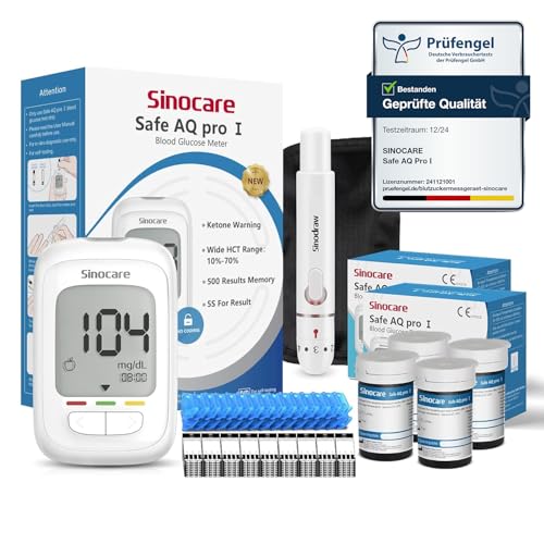 Blood glucose meter kit including Sinocare Safe AQ Pro I, 100 test strips, 100 lancets, lancing aid, storage bag, and instruction manual; features extended hematocrit range of 10%-70%, color-coded blood sugar level indicators (red for high/low, yellow for slightly elevated, green for normal), and a large display suitable for beginners and elderly users.