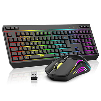 Black wireless keyboard and mouse combo featuring a UK layout full-size keyboard with multimedia keys and a 7D 4800DPI optical mouse, designed for gaming and office use, rechargeable with RGB lighting, suitable for PC and laptop.