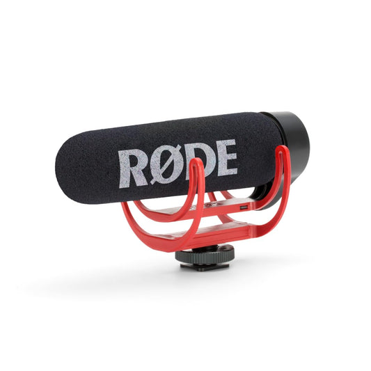 Rode VideoMic GO microphone designed for video conferencing and singing, featuring a 3.5 mm jack connectivity, lightweight design of 2.57 ounces, and rugged material construction; delivers clear directional audio while isolating background noise with an integrated shock mount.