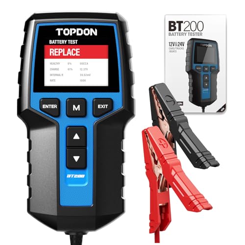 TOPDON BT200 battery tester with a 2.4-inch color LCD screen, designed for testing 12V and 24V batteries in various vehicles, including cars, trucks, and boats; features advanced conductance testing technology for accurate results.