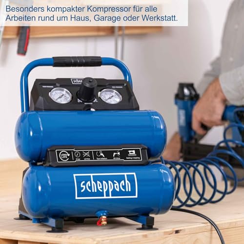 Scheppach - HC10-Twin Oil-Free Air Compressor, 7.5L Volume, 8 Bar Pressure