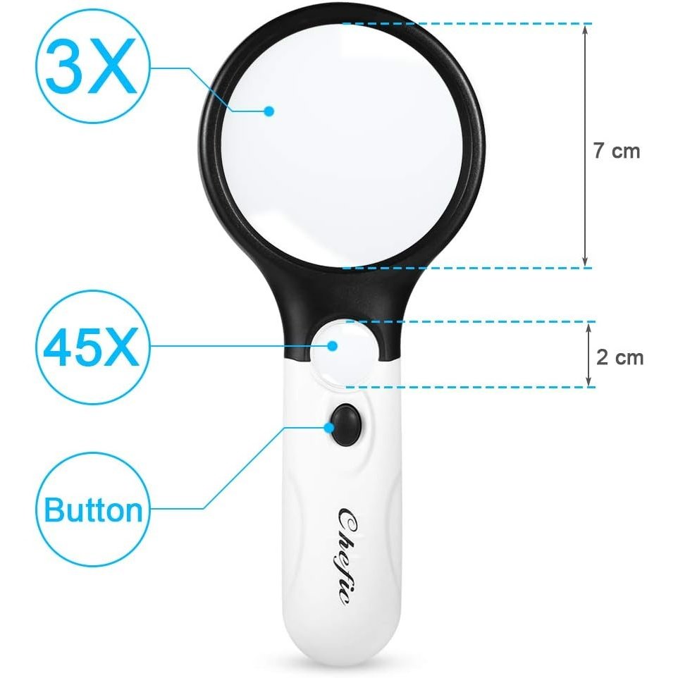 Chefic - Handheld Magnifying Glass With 3 LED Lights, 3X 45X Magnification