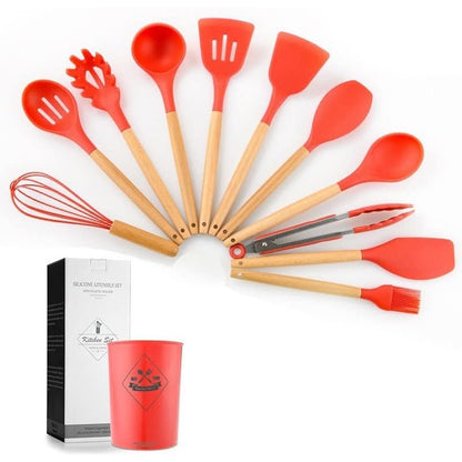 Rachel Broz - 12 Pcs Silicone Cooking Utensils Set With Wooden Handles