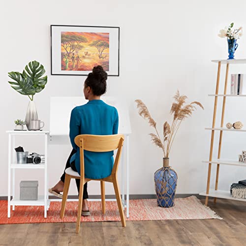 Relaxdays - Tilting Desk With 3 Shelves, Adjustable Angles, White