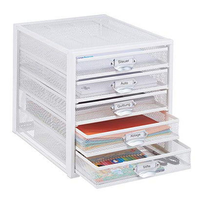 White steel office organizer with five writable drawers for sorting files, measuring 29 by 27.5 by 35.5 centimeters