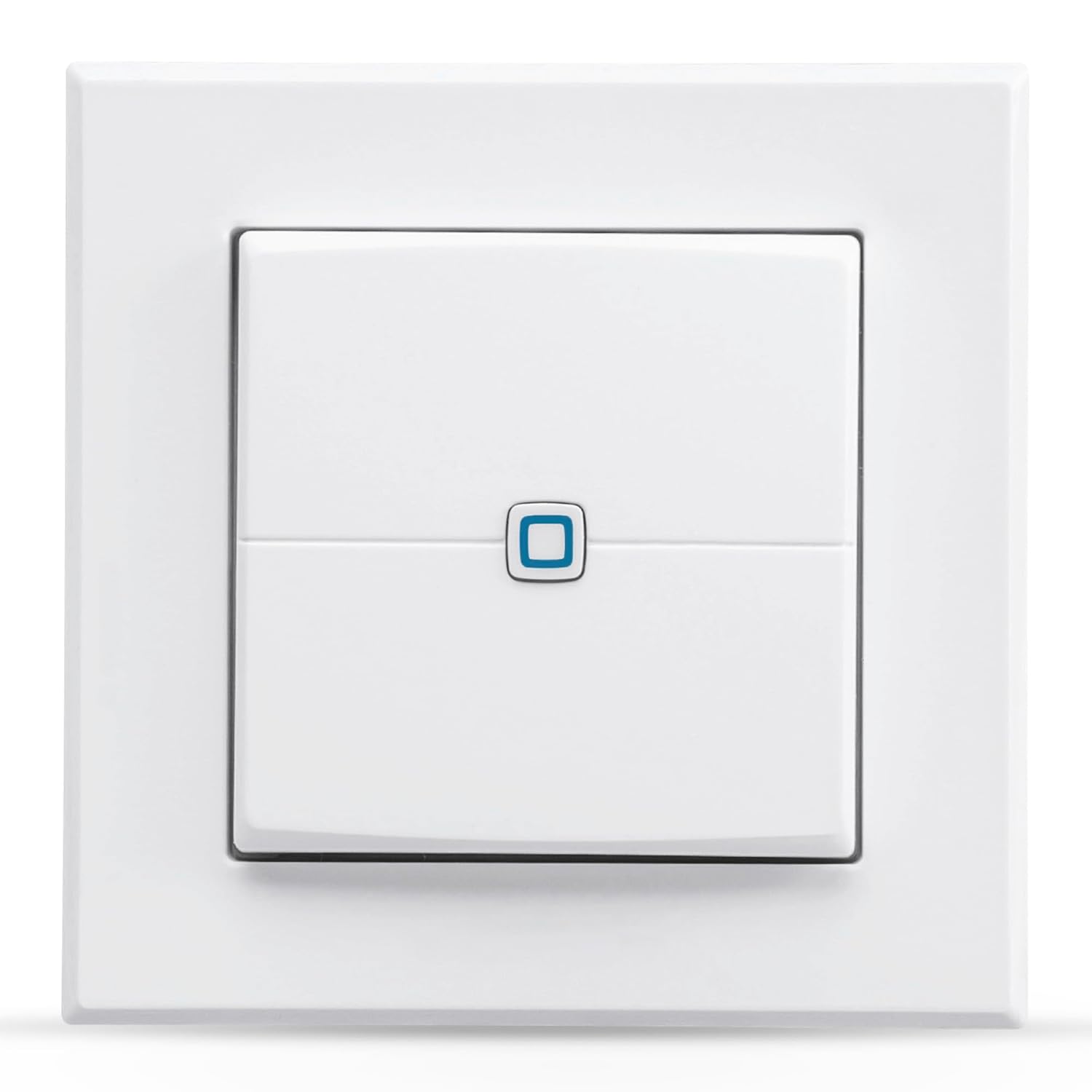 Flexible wall-mount remote control with two channels for Homematic IP devices, featuring a touch switch design made of glass, measuring 3.39 x 0.75 x 3.39 inches, and operable at 1.5 volts with screw connectors.