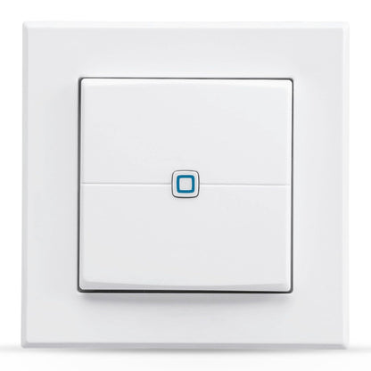 Flexible wall-mount remote control with two channels for Homematic IP devices, featuring a touch switch design made of glass, measuring 3.39 x 0.75 x 3.39 inches, and operable at 1.5 volts with screw connectors.