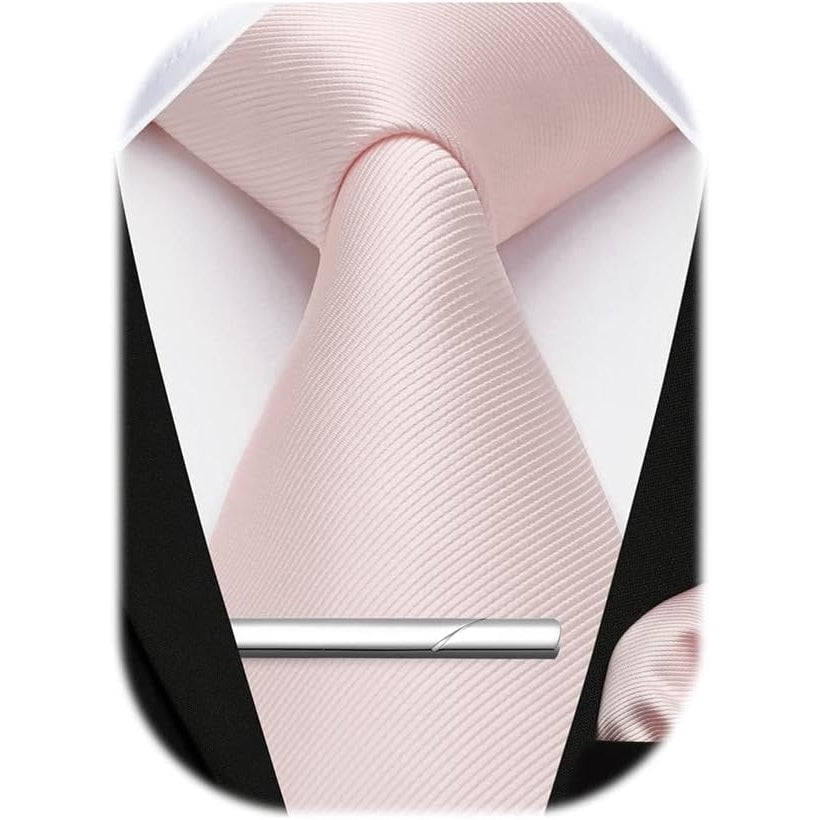 Hisdern - Solid Color Wedding Tie & Pocket Square Set With Tie Clip