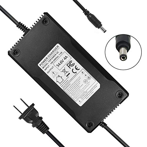 Power adapter for electric bikes and scooters designed for 48V lithium batteries with a 54.6V output and 4A current featuring a 5.5mm by 2.1mm connector