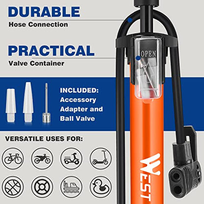 West Biking - Bike Pump with Pressure Gauge for All Valves - 11 Bar / 160 Psi