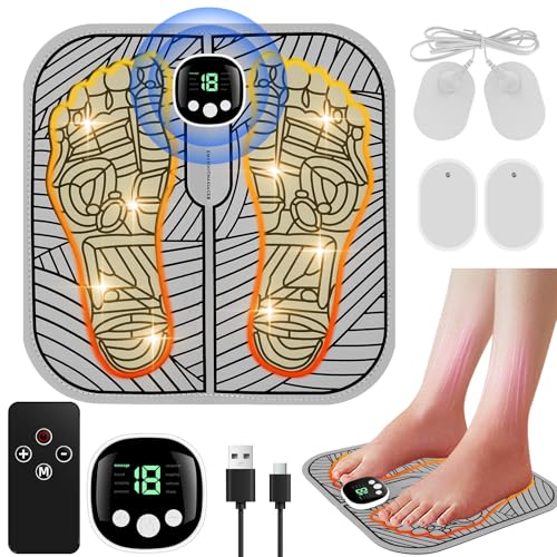 Electric foot massager designed for pain relief and improved circulation featuring EMS technology, acupressure pads for calves, remote control, and rechargeable functionality.