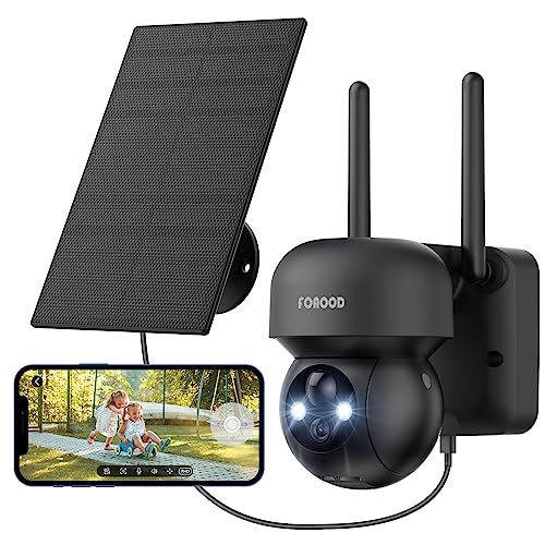 Wireless outdoor solar security camera system featuring battery-powered cameras for home surveillance, equipped with PTZ 360-degree capability, floodlight, color night vision, and motion sensor alarm.