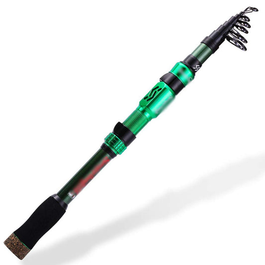 Green fishing rod with a breathable non-slip handle, ultra-light carbon body, multi-point reinforcement, and durable metal porcelain guide rings.