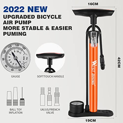 West Biking - Bike Pump with Pressure Gauge for All Valves - 11 Bar / 160 Psi