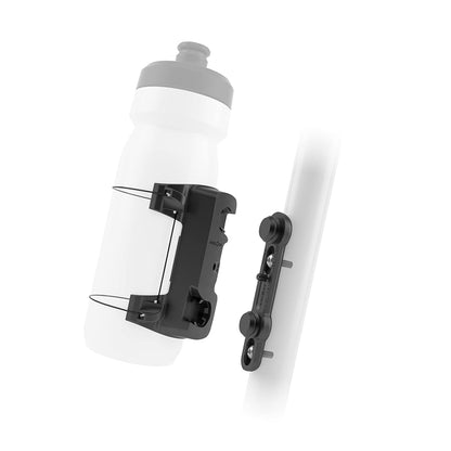 Uni-connector bicycle base by FIDLOCK, made of polyterephthalate, measuring 6.3"L x 3.15"W x 2.76"H, featuring a cageless magnetic system for secure bottle handling and adjustable fit for bottles up to 80mm.