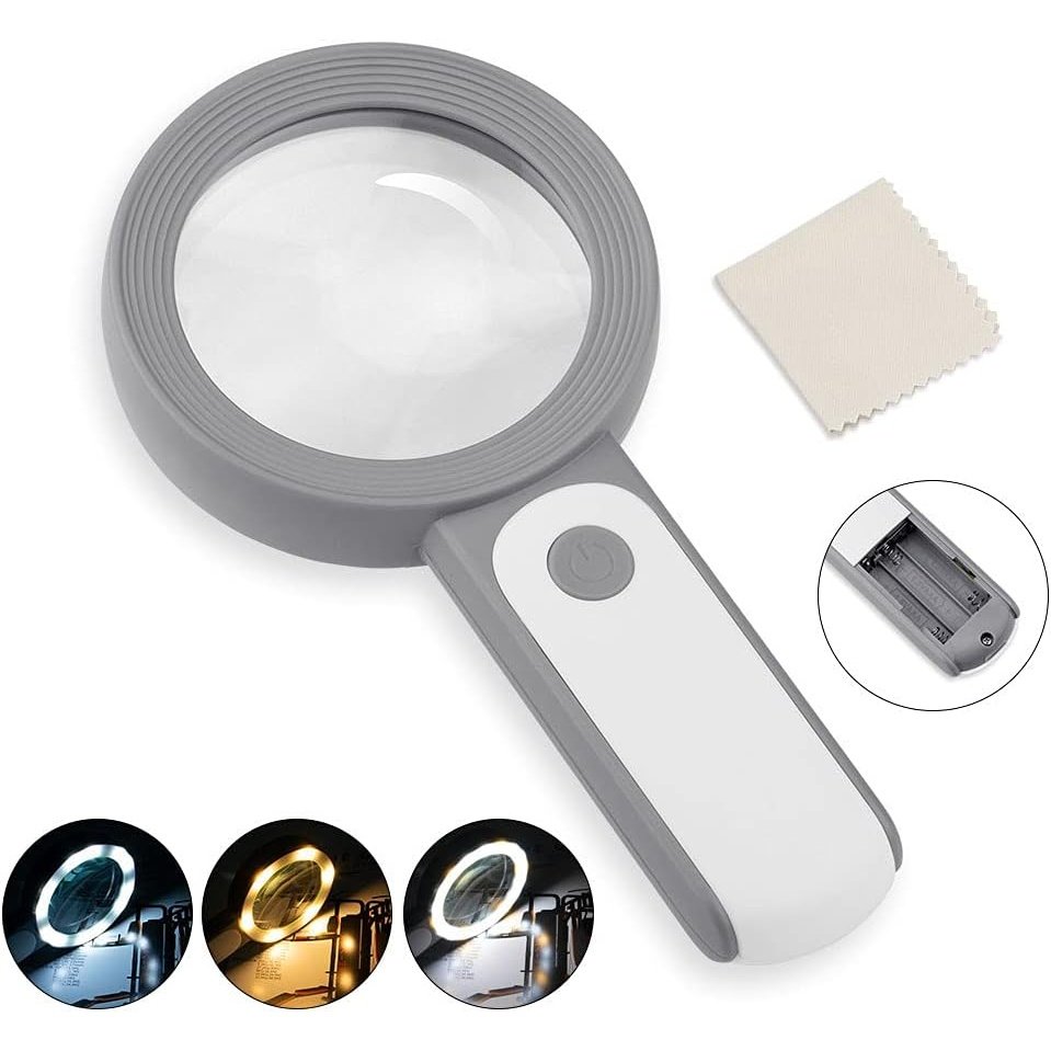 Nazano - 30X Handheld Magnifying Glass With 18 LED Lights, 3 Modes, Lens Cloth (Gray)