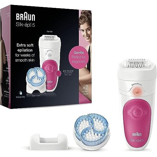 Facial epilator and cleansing brush by Braun in white, designed for women, showcasing a compact size of 10 x 5 x 1.27 cm and weighing 0.6 kilograms, highlighting its battery-powered functionality with included lithium-ion battery.