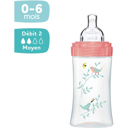 Dodie - Sensation+ Anti-Colic Baby Bottle, Flat Teat, Flow 2, Pink, 0-6 Months, 270 Ml