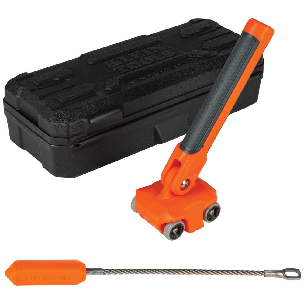 Magnetic wire puller from Klein Tools, featuring a stainless steel leader and rare-earth magnets, designed for fishing wire and cable behind walls; includes a hard plastic carrying case.