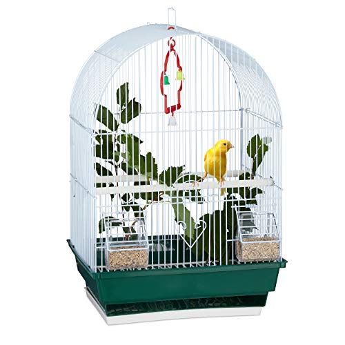 White and green birdcage designed for finches and canaries featuring a perch and feeder with dimensions 49.5 cm high, 34.5 cm wide, and 28 cm deep made of steel and polypropylene