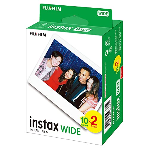 Instax Instant Colorfilm in glossy finish, 10x2 pack, featuring vibrant colors and natural skin tones for wide format photography with ISO 800; includes space at the bottom for labeling photos.