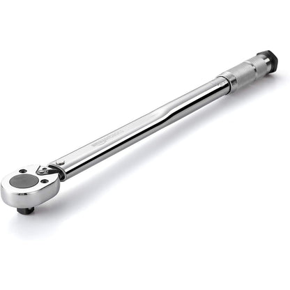 Silver Amazon Basics heavy-duty torque wrench with a 25-250 ft-lb/33.9-338.9 Nm range, featuring a durable Cr-V steel alloy ratchet head and an easy-to-read dual range scale pre-calibrated to ± 4% accuracy, stored in a sturdy plastic case for convenience.