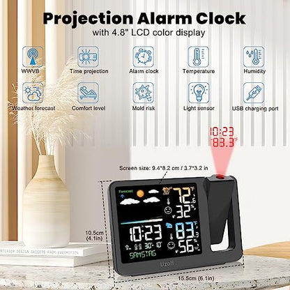 Uzoli - Atomic Projection Alarm Clock with Weather Station, Indoor/Outdoor Temperature, Adjustable Backlight