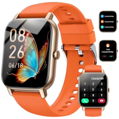 Smart watch with 1.85 inch display designed for men and women featuring call functionality, over 110 sport modes, fitness tracking capabilities including sleep and heart rate monitoring, pedometer, and IP68 waterproof rating compatible with iOS and Android devices.