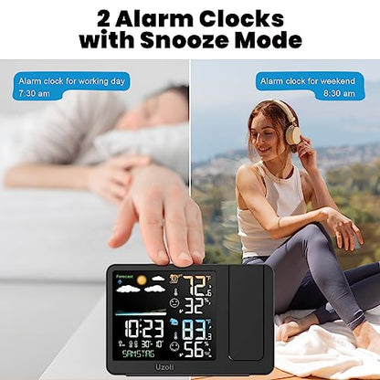 Uzoli - Atomic Projection Alarm Clock with Weather Station, Indoor/Outdoor Temperature, Adjustable Backlight