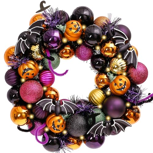 Valery Madelyn 12" Pre-Lit Halloween Pumpkin Wreath with Lights - Multicolored Plastic Door Mount Round Wreath - 9D x 30.5W x 30.5H cm - Seasons, Halloween, Thanksgiving, Winter Holidays