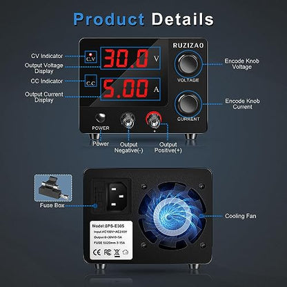 RUZIZAO - Adjustable 30V 5A Laboratory Power Supply with 3-Digit LED Display