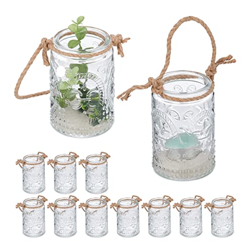 Set of 12 glass candle lanterns with handles suitable for indoor and outdoor use designed to hold tealight candles measuring 10.5 by 7 centimeters in clear and brown colors