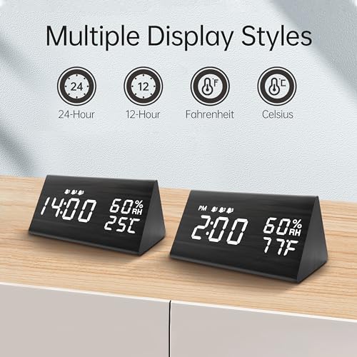 WoodenTech - Digital Alarm Clock with LED Display, 3 Alarms, Humidity & Temperature