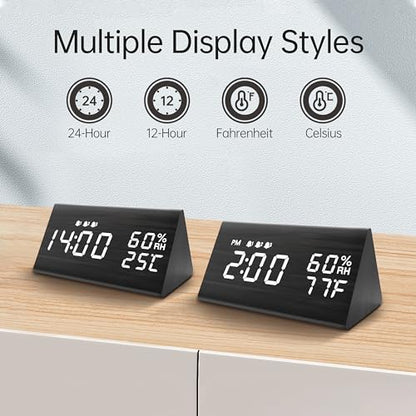 WoodenTech - Digital Alarm Clock with LED Display, 3 Alarms, Humidity & Temperature