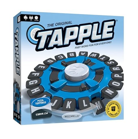 A family playing the USAOPOLY TAPPLE word game, with a colorful game board and timer, as they choose categories and race to form words, showcasing excitement and engagement in a fast-paced learning activity suitable for all ages.