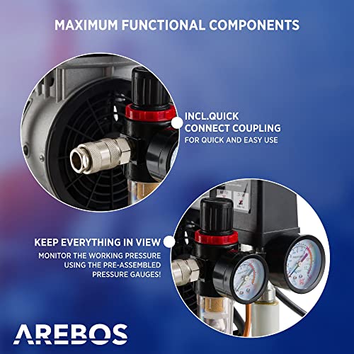 Arebos - Silent Whisper 500W Oil-Free Compressor, 12L, 54.4 dB, Quick Coupling