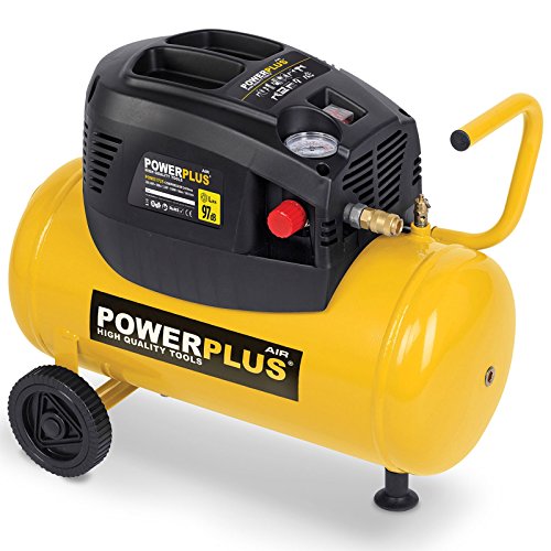 Oil-free compressor in yellow with a maximum pressure of 8 or 10 bar available in various tank sizes ranging from 6 to 50 litres