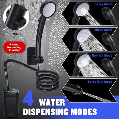 Spopal - Portable Camping Shower, 6000mAh Rechargeable, 4 Spray Modes, IPX7 Waterproof