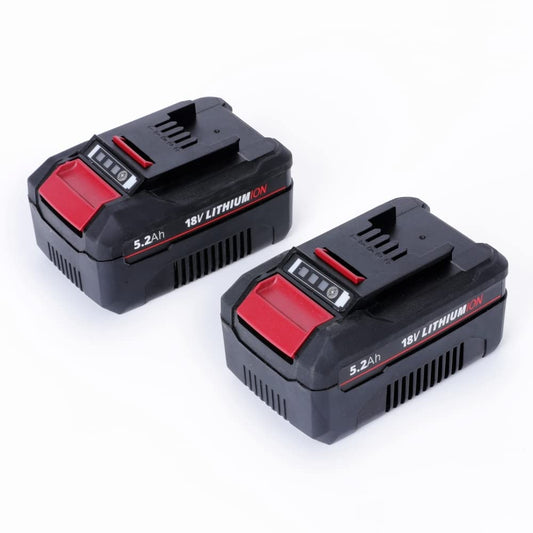 Lithium Ion battery pack compatible with Einhell 18V cordless power tools, featuring a rubber-covered bottom for shock protection and a 3-LED indicator to check charge levels.