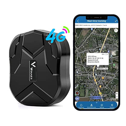 4G GPS tracker with 10000 mAh battery designed for cars featuring 80 days of standby time, IP58 waterproof rating, strong magnet for secure attachment, real-time tracking capabilities, and anti-lost functionality, compatible with a free app. Model TK905B.