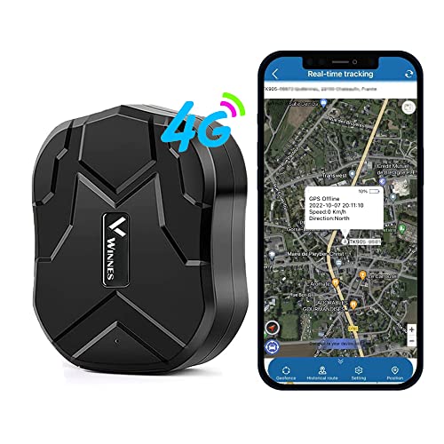 4G GPS tracker with 10000 mAh battery designed for cars featuring 80 days of standby time, IP58 waterproof rating, strong magnet for secure attachment, real-time tracking capabilities, and anti-lost functionality, compatible with a free app. Model TK905B.