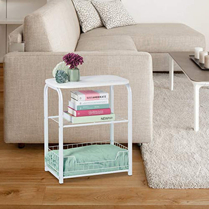 Relaxdays - Marble Optic Side Table With Storage Shelf, White Iron, 62 x 50 x 30 cm