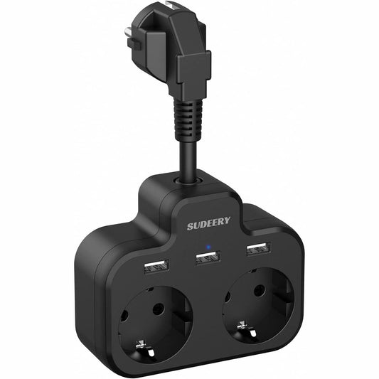 Sudeery - 2-Way Power Strip With 3 USB, Multi-Socket Black For Kitchen And Office