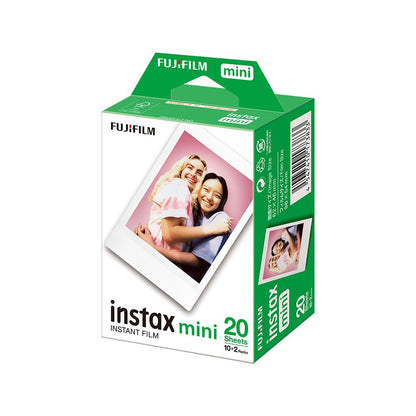 Instax Mini 5-Pack with Book, featuring two packs of colored film with 10 exposures each for a total of 20 exposures, designed for use with Instax Mini cameras and offering an ISO equivalent of 800.