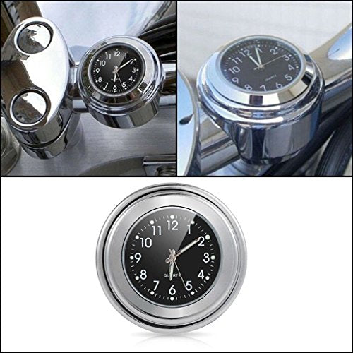 Teswne - Chrome Handlebar Clock for Motorcycles, Black Dial, Fits Yamaha, Suzuki, Kawasaki