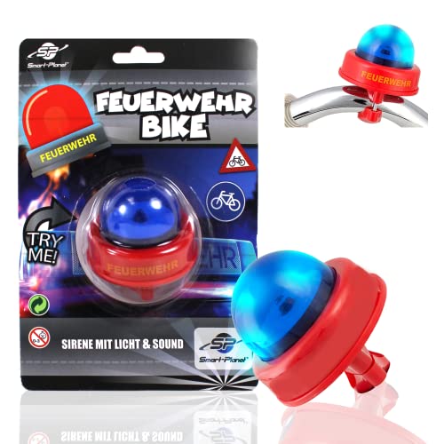 Smart-Planet Bicycle Siren for Kids - Funny Fire Brigade Bell in red plastic design, battery-operated with blue light and Tatütata siren sound, ideal gift for children.